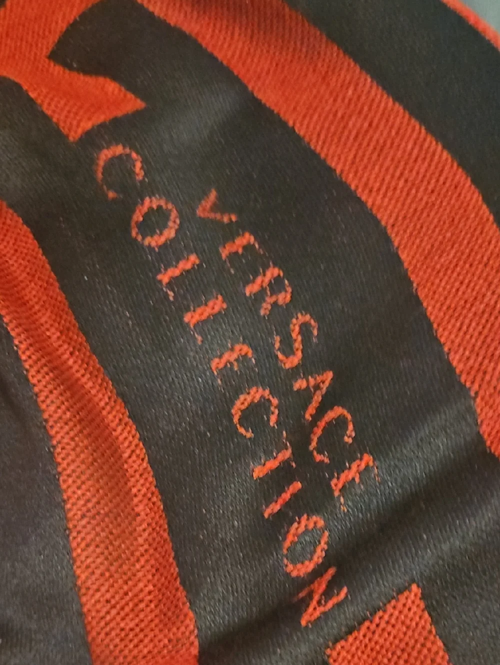 Versace Black & Red Striped Logo Scarf‎ with Yellow Accent